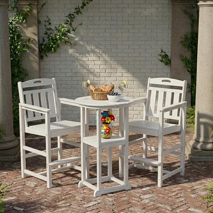 Ciokea 3-Pcs Bistro Table and Chairs, All-Weather Round High Top Bar Table with Storage Shelf and 2 Oversized Adirondack Chairs, Heavy Duty Outdoor Bar Set Patio Bistro Set for Balcony Deck, White
