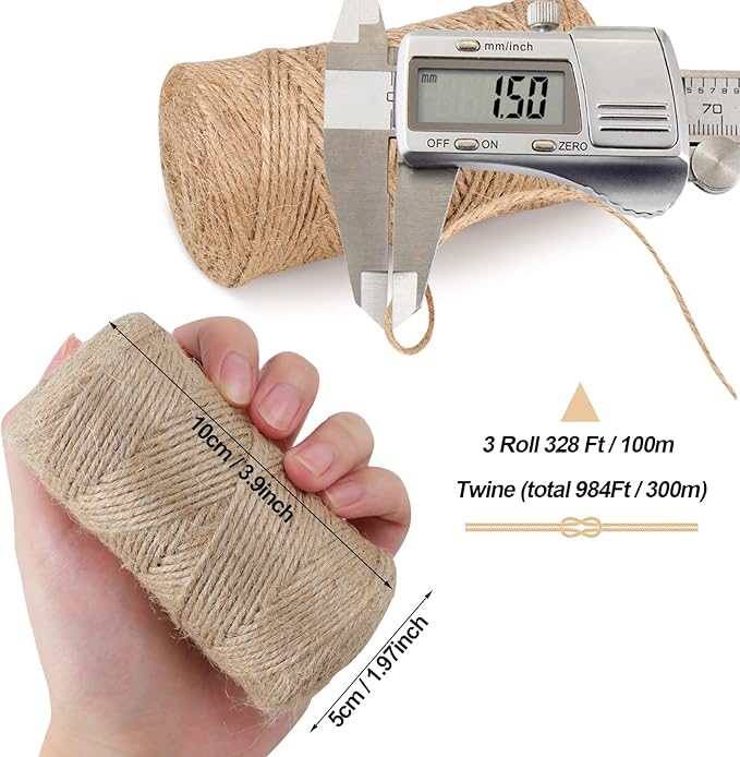 984 FT Natural Jute Twine, 3ply Thin Ribbon Hemp Twine for Gardening, Plant, Gift Wrapping, Art, Wedding Decoration, Packing, Bulk (3 Roll)