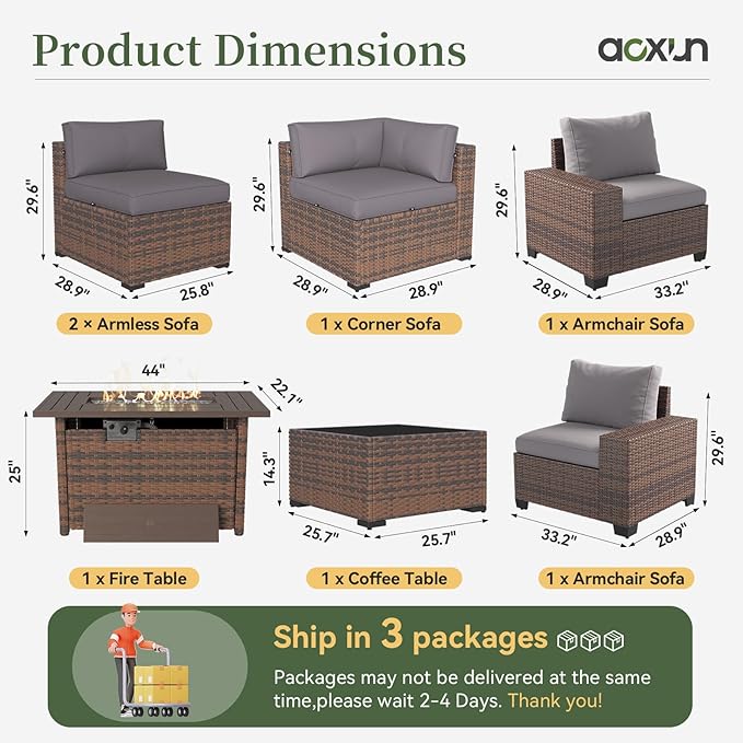 Aoxun 7 Piece Patio Furniture Set with Wide Armrests & 44” Fire Pit Table Wicker Rattan Outdoor Sectional Sofa Set with Coffee Table and Thickened Cushions, Brown/Gray(Waterproof Cover Included)