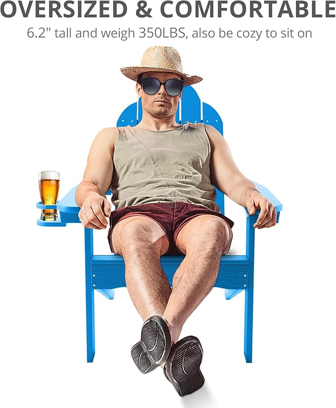 LUE BONA HDPS Adirondack Chairs, Fire Pit Outdoor Chair Weather Resistant with Cup Holder, Modern Plastic Chair Plastic for Patio, Deck, Proch, 350LBS, Blue