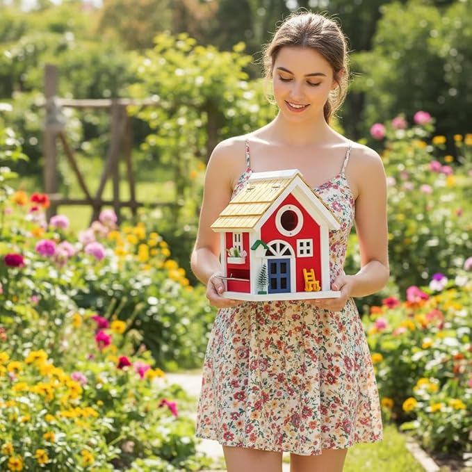 Masterpiece Bluebird House for Outside - Solid Cedar Wood Bird House Bird Feeder for Outdoor - Stainless Hardware - 2 Optional Hole Size 1.5" /1.25" - Garden Center Piece (Red Mansion)