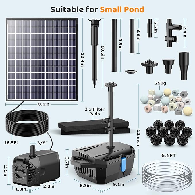 Antfraer 25W Solar Pond Pump with Filter Box, Outdoor Solar Pond Filter Fountain Kit for Garden Pond Waterfall, Includes Adjustable Nozzles, Tubing & Filtration Media