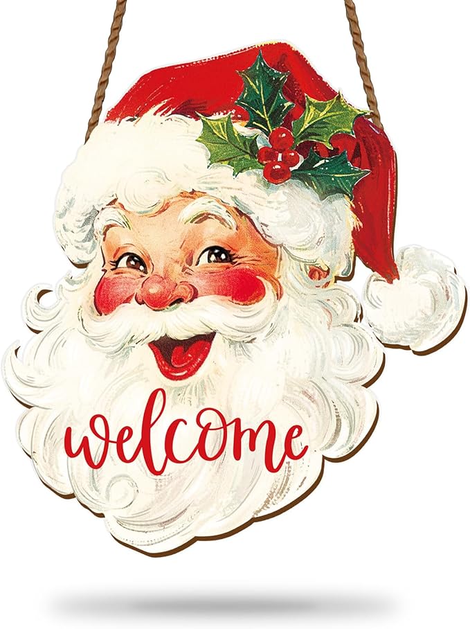 Whaline Christmas Wooden Hanging Sign Red Xmas Santa Welcome Wood Sign Vintage Santa Door Decor Signs for Indoor Outdoor Porch Wall