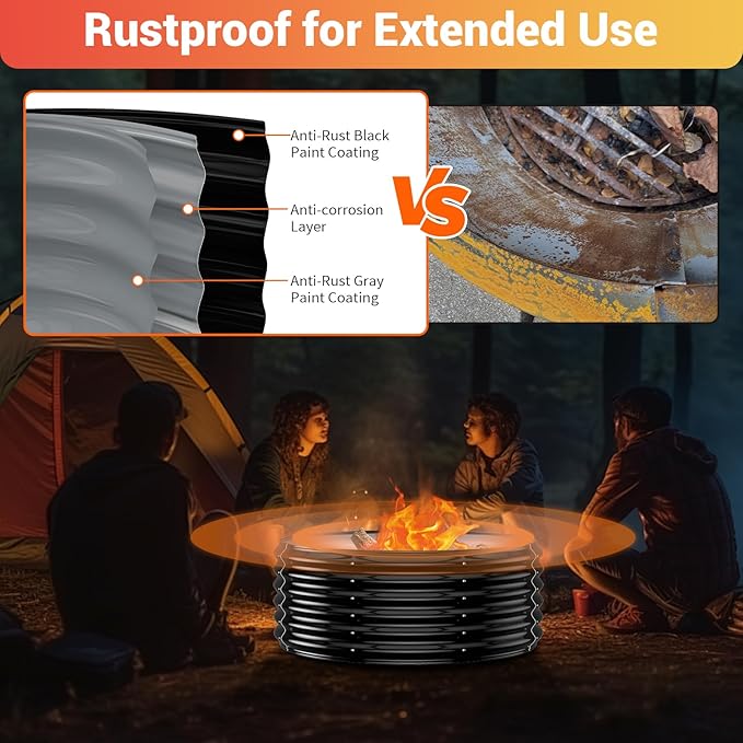 32 Inch Outdoor Fire Pit Ring, 17'' Tall Wood Burning Firepit & Fireplace for Outside, Heavy Duty Galvanized Steel Fire Pits Insert, High Heat Resistant Fire Bowl for Backyard Bonfire,Patio,Camping