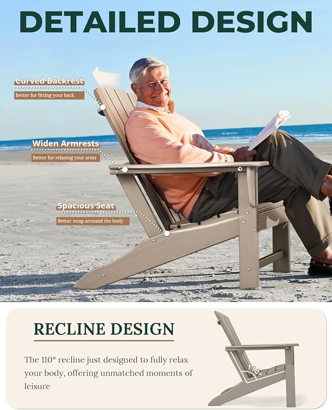 BRIOPAWS Oversized Adirondack-Chairs-Set of 4 | HDPE Plastic | Fire Pit Chair | Wood Grain | All Weather | for Deck Outdoor Poolside Campfire