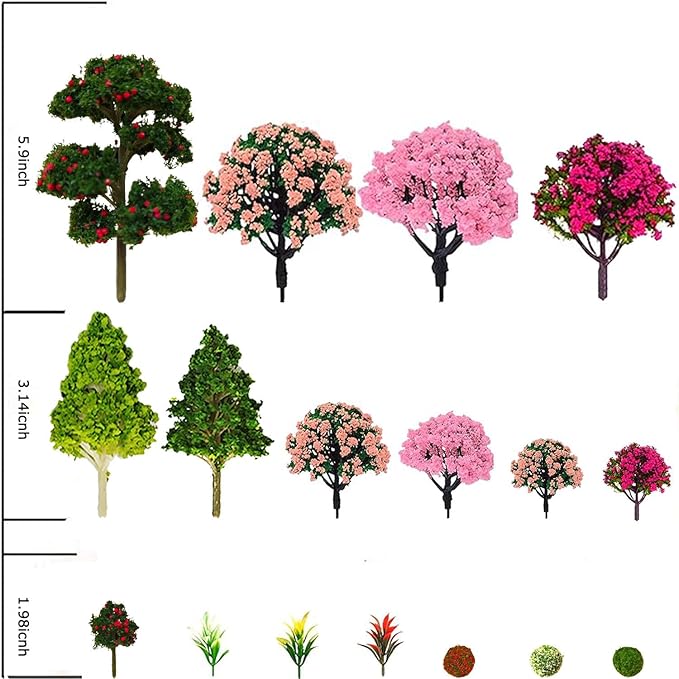 Mixed Model Trees, Model Train Scenery, 37Pcs, Miniature Trees with Moss for Building Model, Natural Green Landscape, Railroad Scenery