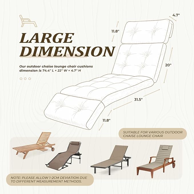 Waterproof Long Lounger Chair Cushion Outdoor Chaise Lounge Chair Cushionswith Ties, Patio Recliner Thickened Lounge Chair Cushions for Indoor 74.4 x 22 x 4.7 Inches, Cushion Only (Creme White)