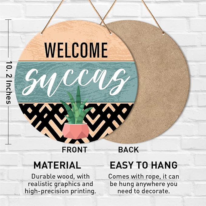 Muktoujaumai Welcome Sign Front Door Decor, Welcome Round Hanging Sign Decor Boho Decorations Succulent Wall Wood Sign for Door, Porch, Home, Plant Lover Gift, Welcome Succas