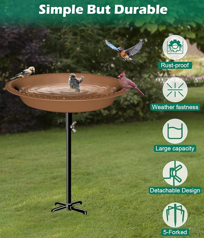 29 Inch Height Detachable Bird Bath with Metal Stake Stand, Oval Shape Birdbath Bowl Spa & Birdfeeder with 5-Prong Base for Outdoor Garden, Brown