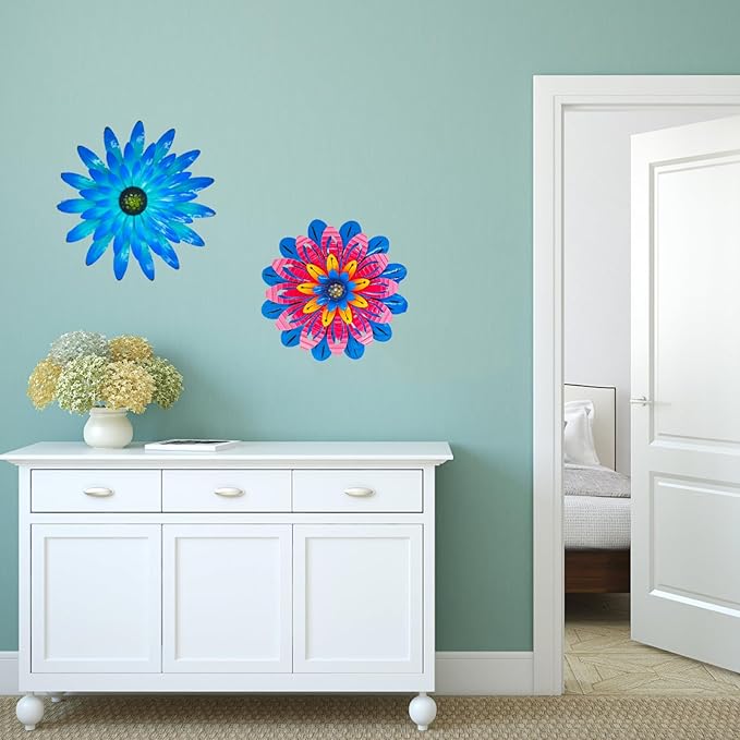 2PCS 12 Inch Metal Flower Wall Decor - Blue and Red, Vibrant Rustic Modern Hanging Art Sculpture - Decoration for Farmhouse, Fence, Patio, Living Room - Kitchen and Bathroom Art Wall Decor