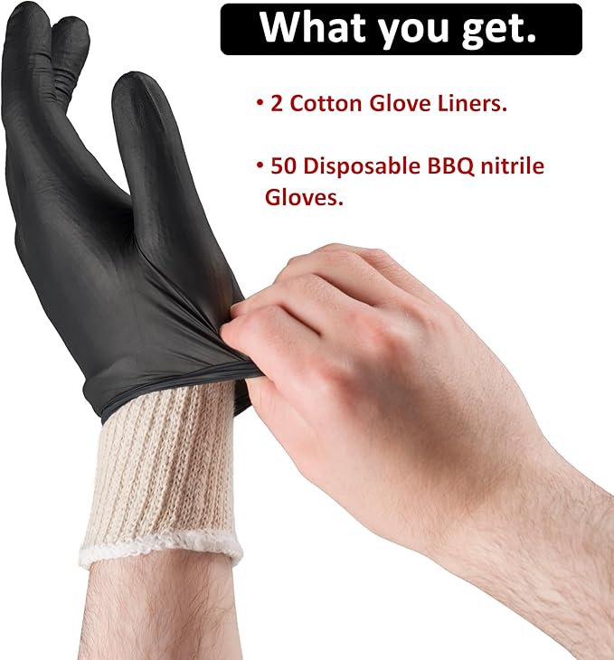 BBQ Gloves 2 Cotton Glove Liners and 50 Disposable Nitrile for Cooking Baking Grilling Washable Cotton Liners Powder Latex Free Nitrile Gloves