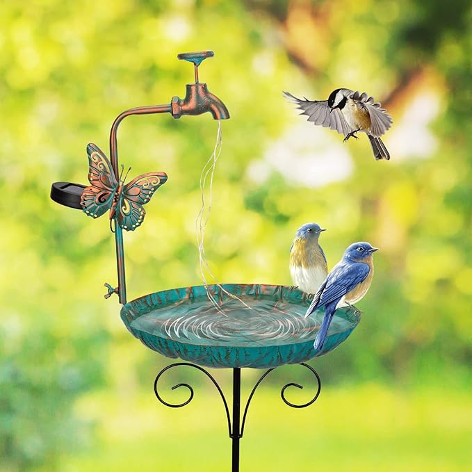dreamysoul 50” Height Solar Bird Bath with Metal Stake Antique Bronze Faucet Solar String Light Birdbath for Outdoor Garden Decoration
