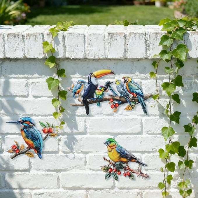 3 Pcs Metal Birds Wall Art Garden Decor, 3D Colorful Birds Outdoor Wall Art Yard Patio Fence Decoration, Hummingbird Parrot Toucan Wall Hanging Sculpture Outside Gift for Women Mom
