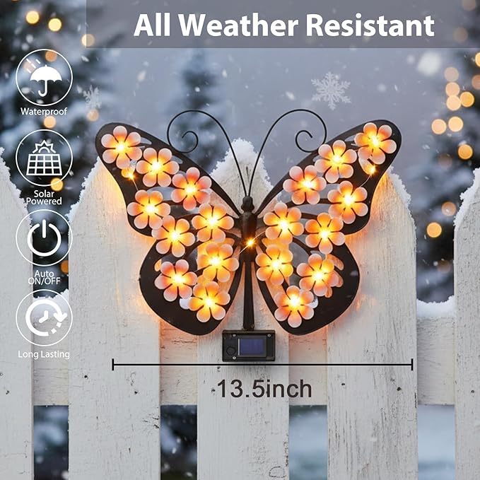 Solar Lights Outdoor Metal Butterfly Wall Decor with 30 Led - 13.5" Outdoor Fence Wall Art,Hanging Decoration for Garden Patio Porch Yard,Gifts for Women，Xmas Gifts for Mom Grandma