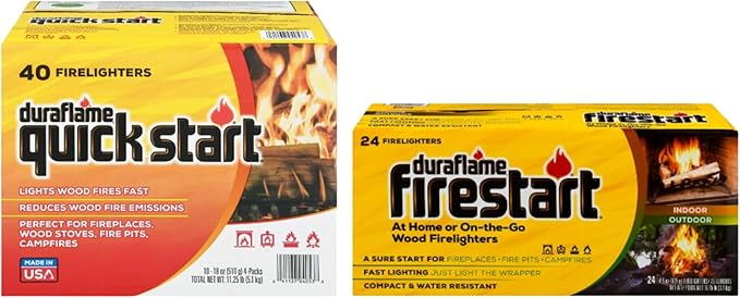 Fire Starter for Indoor and Outdoor Use - Quick Ignition Logs for BBQ, Fireplace, Fire Pit and Campfires (Firestart + Quickstart)