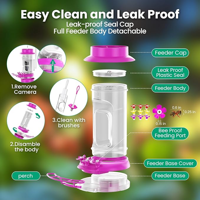 Soliom Hummingbird Feeder with Camera, Smart Feeder Camera Solar Powered with 2K Live View AI Identify, Leak Proof & Ant Moat & Bee Proof, Outdoor Pole/Hook Hanging, 16 OZ Ideal Gifts for Family-Pink