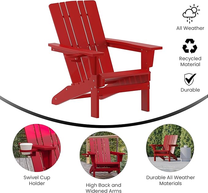Flash Furniture Halifax Adirondack Chairs with Cup Holders, Weather Resistant Poly Resin Adirondack Chairs, Set of 2, Red