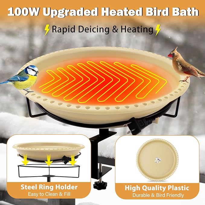 Daoeny Heated Bird Baths for Outdoors, Upgraded 100W Thermostatically Controlled Heated Bird Bath Deicer Deck Mounted, Heated Bird Bath Bowl for Deck Railing Winter Garden Yard Patio (Khaki)
