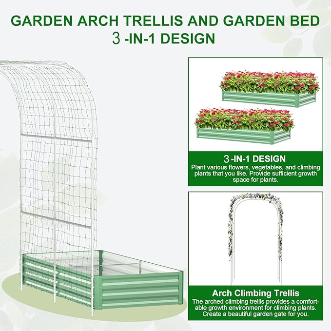 SUNYRISY Galvanized Raised Garden Bed with 87" H Arch Trellis for Climbing Plants Outdoor, Large Metal Planter Box with Netting for Gardening Flowers Vegetables Fruit, Green