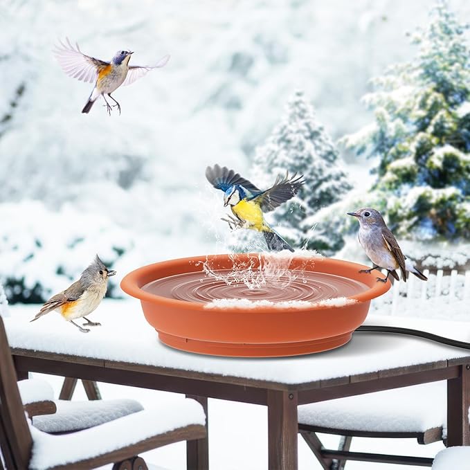 Heated Bird Bath Bowl for Outside,100W Thermostatically Controlled Heated Birdbath Single Bowl Water Heated Bird Bath for Outdoor Winter Garden Patio Yard Lawn Deck(Brown)
