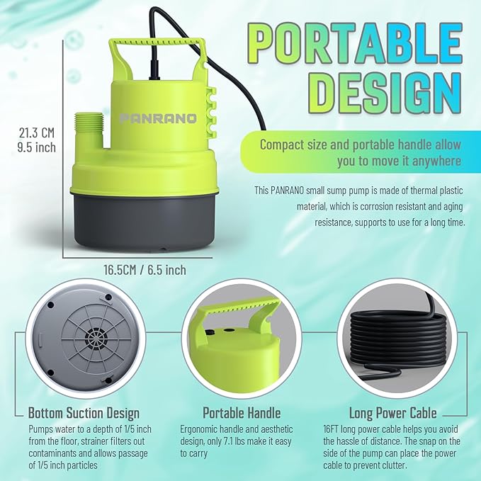 1 HP Submersible Water Pump 3500 GPH Portable Small Sump Pump For Pool Cover, Basements, Puddles, Gardens Ponds With 16.4 Ft Power Cord and Hose Adapters, Yellow