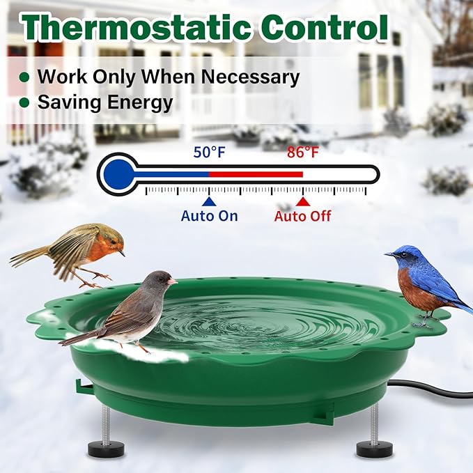 Heated Bird Bath for Outside Winter, Powerful 100W Thermostat Control Heated Bird Baths for Outdoors with 3 Metal Extension Screws, Heated Birdbath Water Heater for Garden Yard Patio Lawn(Green)