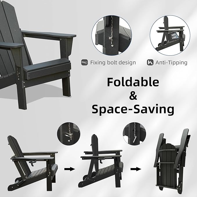 Domi Folding Adirondack Chairs Set of 2, HDPE All-Weather Outdoor Chairs with Cup Holder, Wooden Textured Fire Pit Chairs for Backyard, Patio, Poolside & Deck, Black