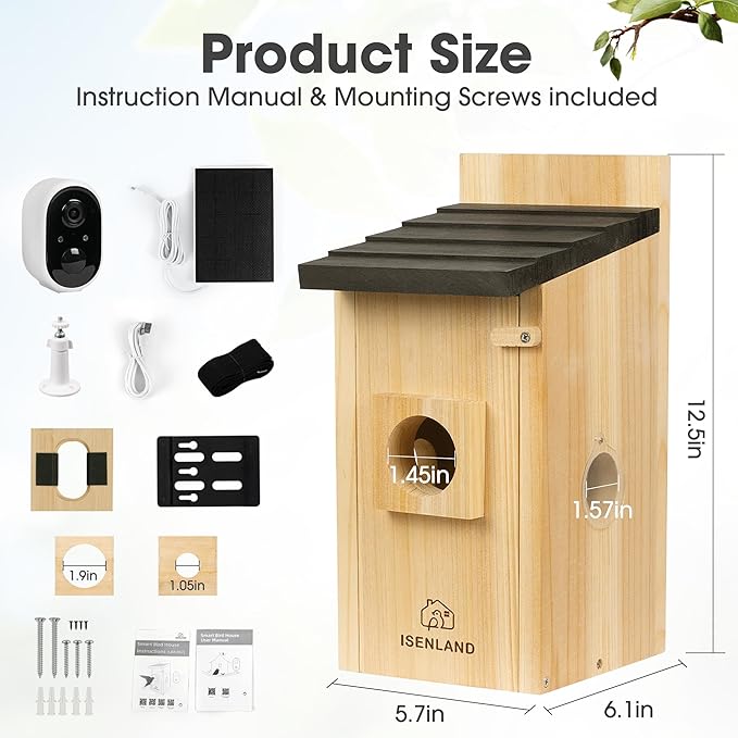 Smart Bird House with AI Identify Camera, 1080P Birdhouse Camera Solar Powered, Bird Houses for Outside Switch to Night Vision Automatically, 2.4G WiFi App to Observe Bird Activities in Real Time