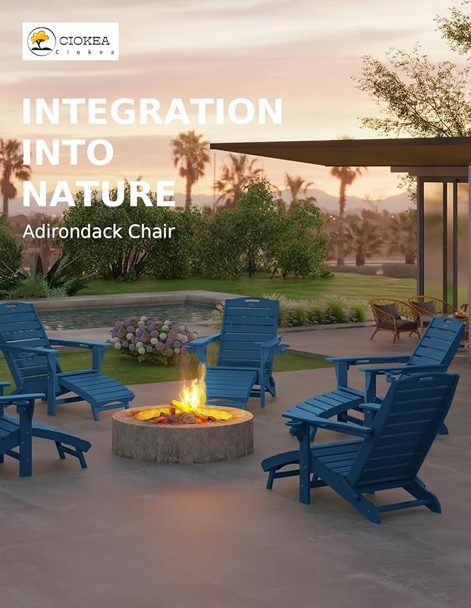 Ciokea Folding Adirondack Chair Set of 4 with Retractable Ottoman Fire Pit Patio Chair with Pull Out Foot Rest Weather Resistant Lawn Outdoor Chair with 2 Cup Holder (Navy Blue)