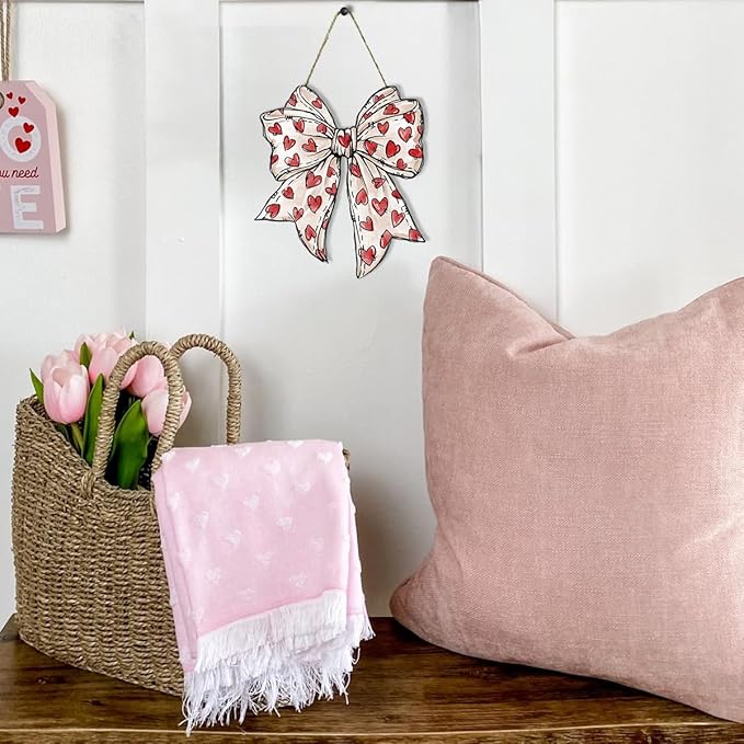 Valentines Day Wall Decor, Valentines Day Door Decorations, Gift for Boyfriend Girlfriend Husband Wife, Coquette Heart Bow Wood Hanging Sign Anniversary Porch Home Bedroom Office Door Decor