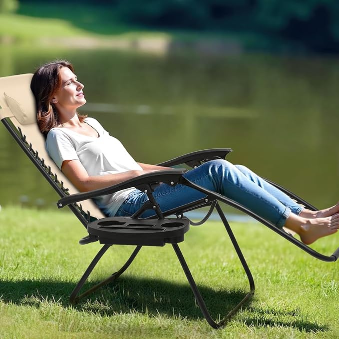 Athena Collection Zero Gravity Chair, Outdoor Lounge Chair with Adjustable Pillow and Cup Holder, Reclining Camping Chair for Outside Beach Lawn Garden Patio Poolside Set to 2- Cream