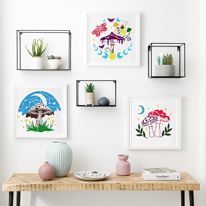 18 PCS Mushroom Stencils Large Reusable Crescent Moon Phase Drawing Template Bohemian Art Stencils for Painting on Wood Wall Tile Fabric Canvas Scrapbook Home Decor DIY Craft Projects