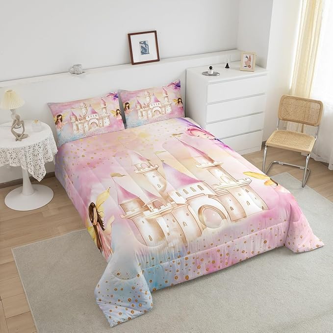 Erosebridal Girls Women Princess Bedding Set King,Pink Castle Fairy Kids Comforter Sets,Fairy Garden Quilt Bed Set,Girly Rainbow Princess Comforter Reversible,Coquette Cute Bedroom Decor