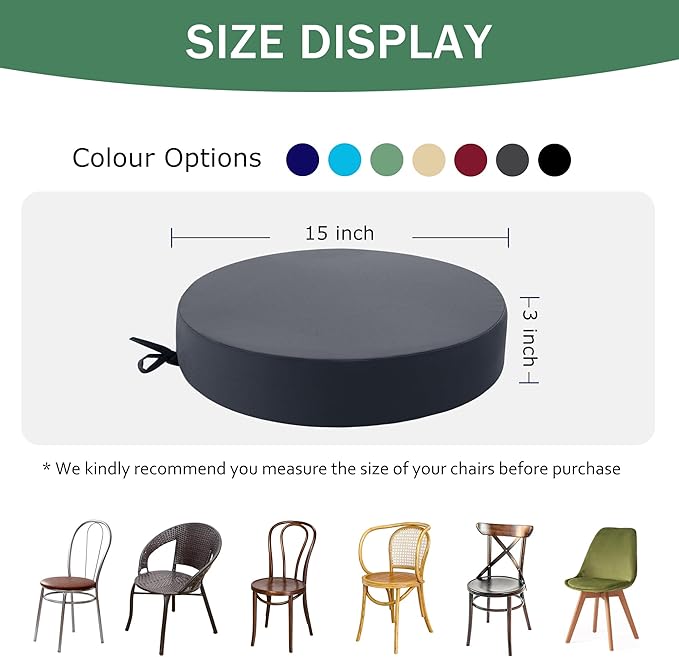 Outdoor Bistro Chair Cushions Set of 2, 15" D x 3" H Round Chair Cushions Waterproof and Fade Resistant Chair Cushion Pads with Non-Slip Ties and Removable Covers for Garden, Dark Grey
