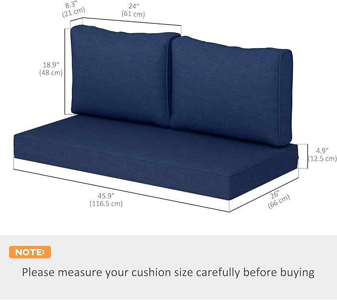 Outsunny 2 Seat Patio Furniture Cushions, 46x26x5 in, Thick Outdoor Loveseat Cushion Set with Removable Cover, Fade-Resistant Replacement Cushions for Outdoor Furniture, Couch, Bench, Swing, Navy Blue