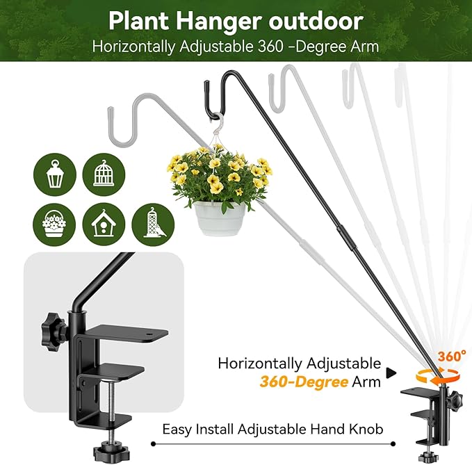 Heavy Duty Adjustable Deck Railing Hook - 28-Inch Outdoor Clamp-Mount Hanging System for Bird Feeders, Wind Chimes & Garden Decor (Fits 2.75" Thickness, Max 12lbs)