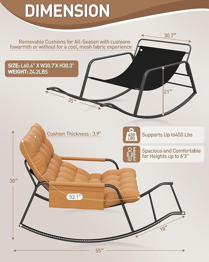 Oversized Indoor Rocking Chair, Plush Papasan Chair with Comfy Padded Cushions & Side Pocket, for Patio Garden, Porch, Lounge, Outdoor, Orange