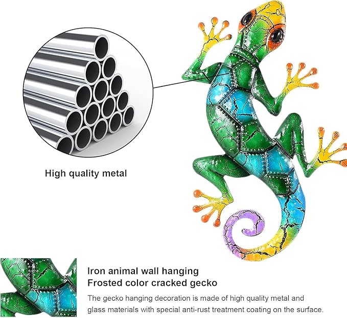 YWHWXB Metal Gecko Wall Decor,Outdoor Hanging Lizard Wall Art,Colorful Metal Lizards Wall Art Decor for Indoor/Outdoor Garden/Balcony/Yard Fence Decoration(16.9 ×10.6 × 0.5 in,Green)