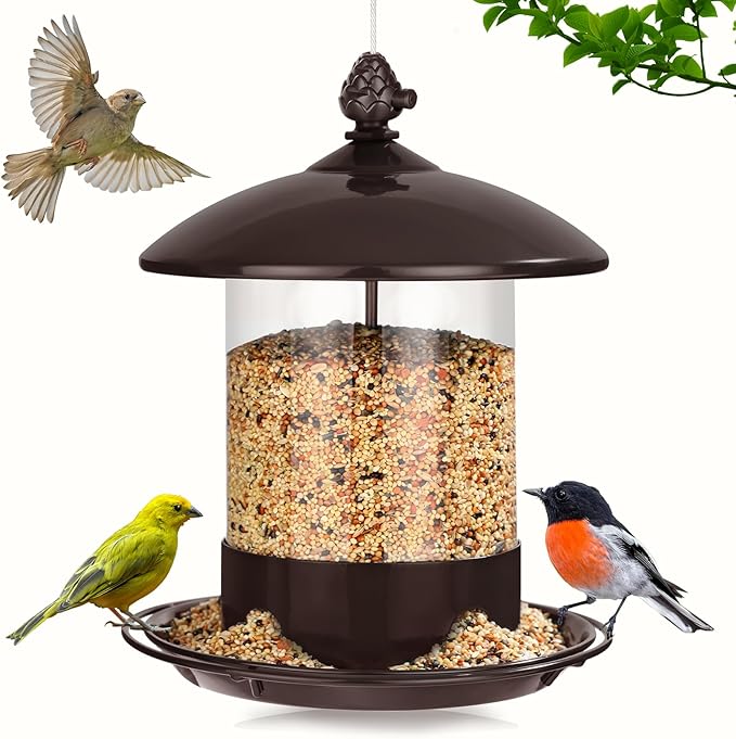 Metal Bird Feeders for Outdoors Hanging, Weather Resistant Wild Bird Feeder with 360 Degree Feeding Tray, Brown