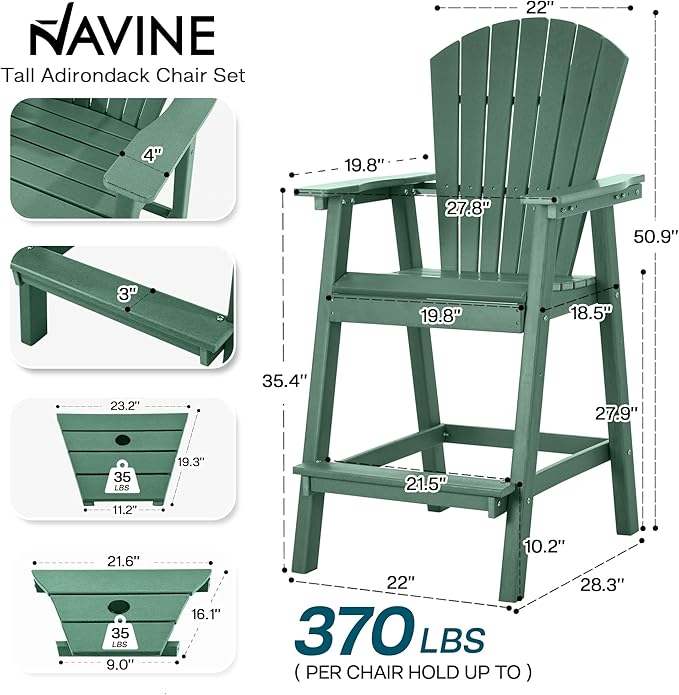 Tall Adirondack Chairs Set of 8, HDPE Balcony Chair with Double Connecting Tray, Weather Resistant Outdoor Adirondack Bar Stools for Patio, Deck, Patio, Backyard, Balcony. (Dark Green)