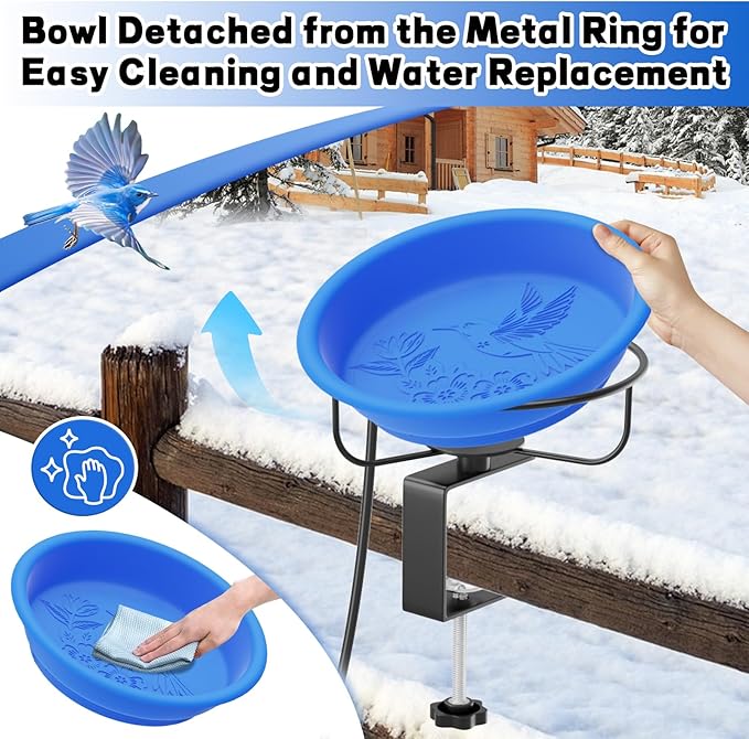 Heated Bird Baths for Outdoors Winter,100W Thermostatically Controlled Heated Bird Bath for Deck Railing Adjustable Metal Clamp Heated Birdbath for Outside Garden Patio Yard Lawn(Blue)