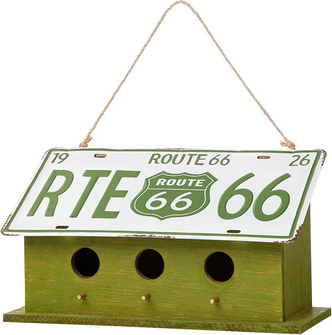 Glitzhome 14" L Oversized Hanging Birdhouse Green Distressed Wooden Licence Plate Bird House for Outdoor