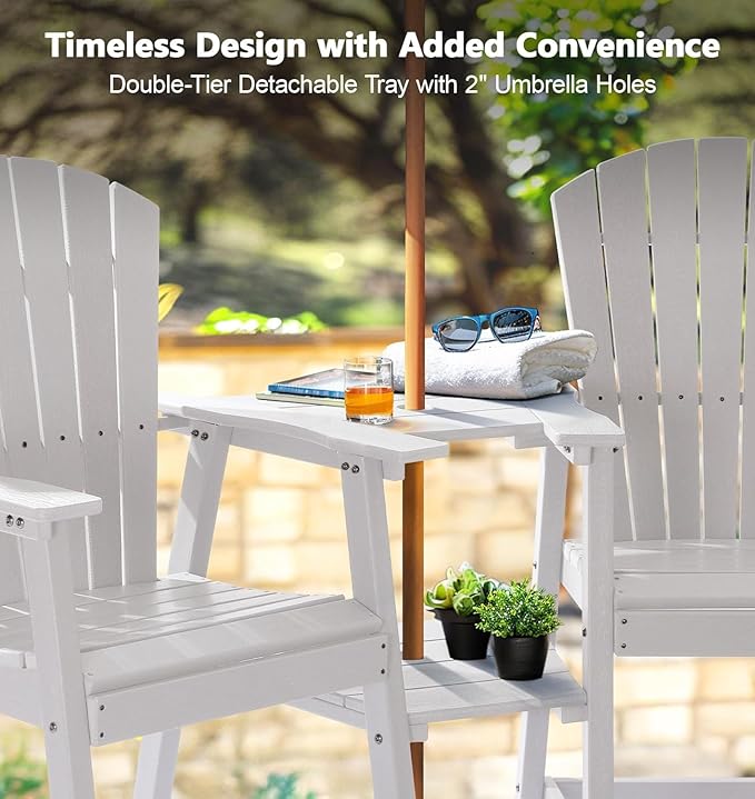 PASAMIC Tall Adirondack Chairs Set of 2, All-Weather HDPE Bar Height Patio Chairs with Double Tray, Heavy-Duty Outdoor Balcony Furniture for Garden, Backyard, White