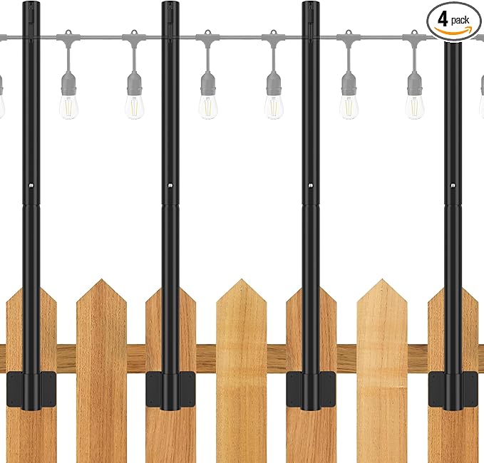 Suchtale 4 Pack 2.8 FT Outdoor String Light Poles, Suspension Fence Post Extender with Clip and Bracket, Deck String Lights Hangers, Wall Mounting Stand for Patio Garden Christmas Wedding Party,Black