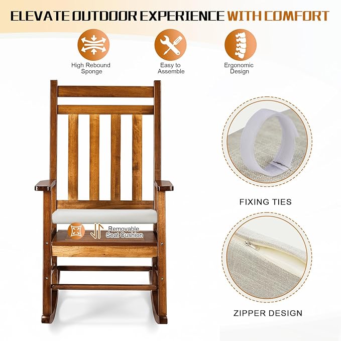 Outvita Outdoor Rocking Chair, Solid Wood High Back Rocker, All Weather Lounge Chair with Padded Cushions for Porch Patio Fire Pit Garden Backyard Deck Indoor, Natural