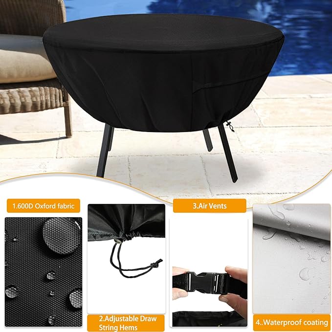 Round Patio Table Cover,Suitable for 36 Inch Diameter Patio Round Table,Waterproof Heavy Duty Round Outdoor Coffee Table Cover,Black