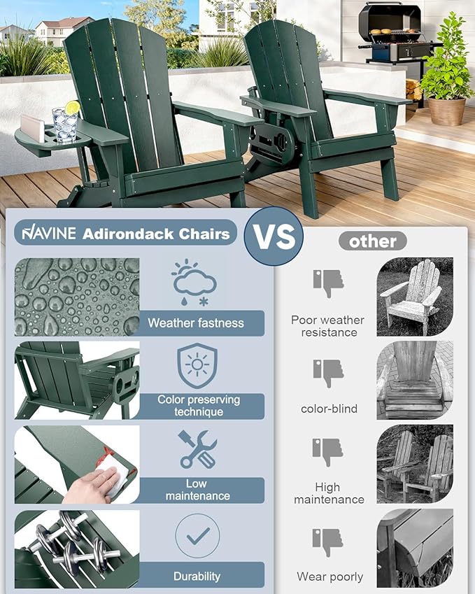 Adirondack Chair Set of 4, HDPE Folding Adirondack Chair with Multifunctional Cup Holder, Weather Resistant Fire Pit Chair for porches, patios, poolsides, Decks.