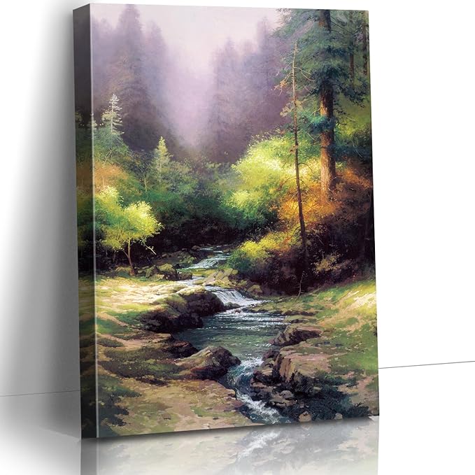 STUDIO HAVEN Thomas Kinkade Canvas Wall Art, Serene Woodland River Cascading Waterfalls Misty Greenery Oil Painting Poster Tranquil Nature Wall Decor, Framed Prints for Home Decor, 28x40Inch