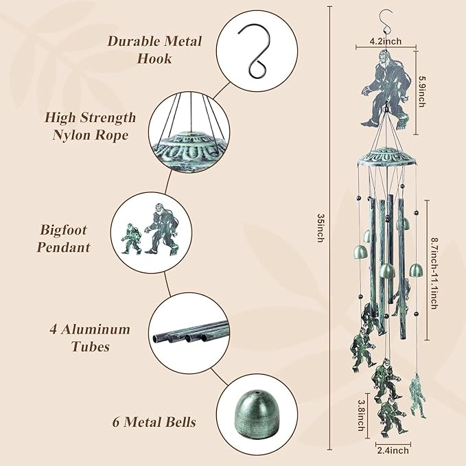 35" Metal Bigfoot Wind Chimes with 6 Chimes and 4 Aluminium Tubes, Bigfoot Gifts for Men and Women, Beautiful Sounds Sasquatch Gifts for Outside, Home, Lawn, Porch, Patio, Garden Decor(Vintage Green)