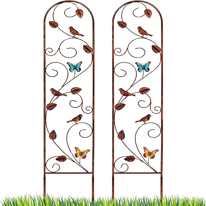 Lancisism 2 Pack 100% Metal Garden Trellis for Climbing Plants Outdoor - Heavy Duty Rustic Iron Arch Fence Trellis Rustproof Plant Support Trellis for Vines, Flowers, Vegetables & Wall Brackets